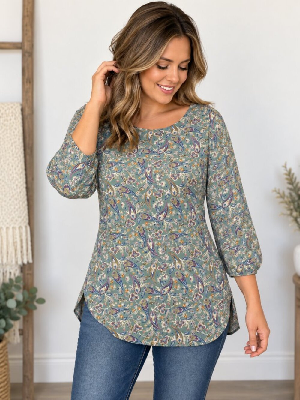 J Jill Size Xl Blouse Top 3/4 Sleeve Floral Paisley Scoop Neck Blue Office Fall